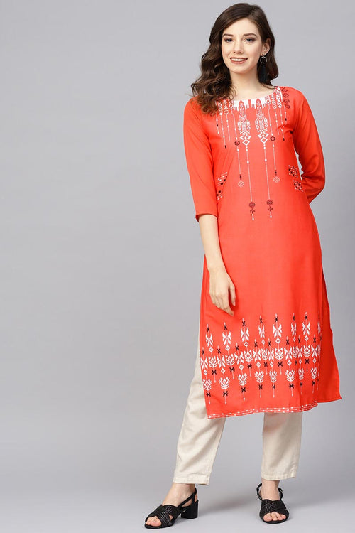 Orange color rayon embroidered kurti pant set with dupatta Anthem04.